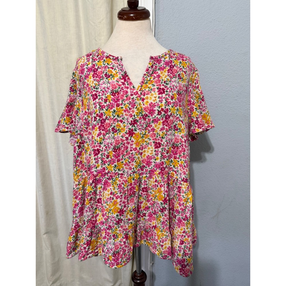100% Cotton Terra & Sky Babydoll‎ 2X Pink Yellow Floral Top Cottagecore Gauze